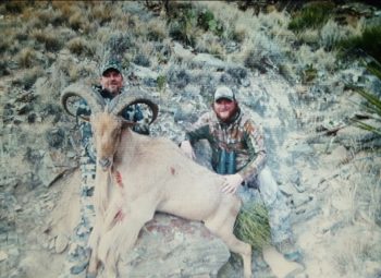 Two men in camouflage pose with a large, horned ram lying on rocks in a dry, grassy landscape.
